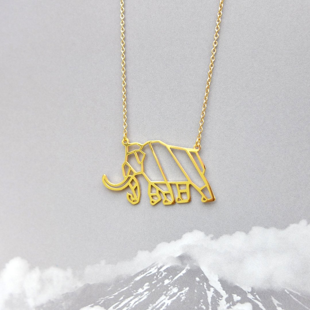 Mammoth, Origami Necklace, Dinosaur Necklace, Gold Plated Necklace, Dino gifts - 项链 - 其他金属 金色