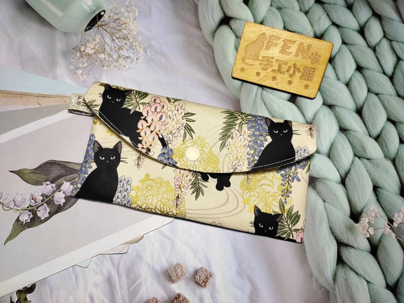 单层款布红包袋-日本薄棉布米白底烫金紫藤花黑猫手作布红包袋- - 手拿包 - 棉．麻 
