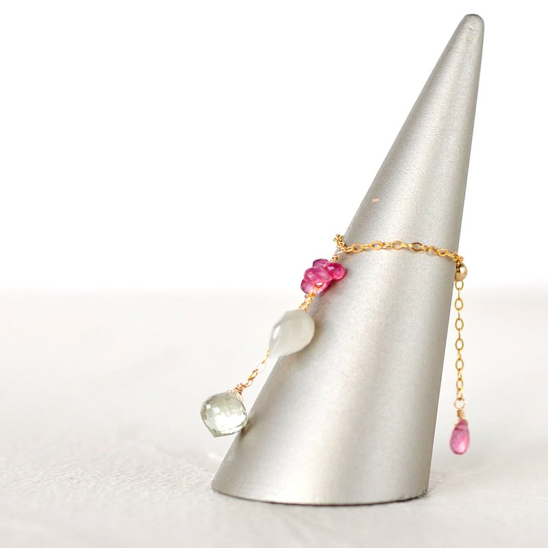 14kgf滑链环粉红蓝宝石x方长石x白月光石 - 戒指 - 宝石 粉红色