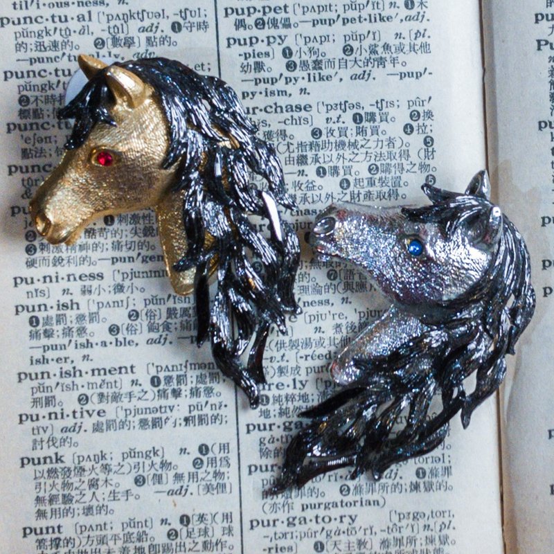 马头 金色红眼 银色蓝眼 复古 胸针 - 胸针 - 其他金属 金色