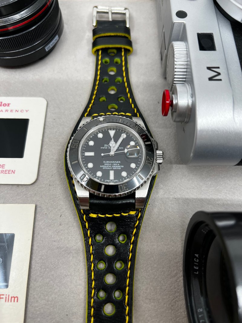 手工制跑车款纯黑皮革底托款表带 20mm 19mm 表带适用所有表款 - 表带 - 真皮 黑色