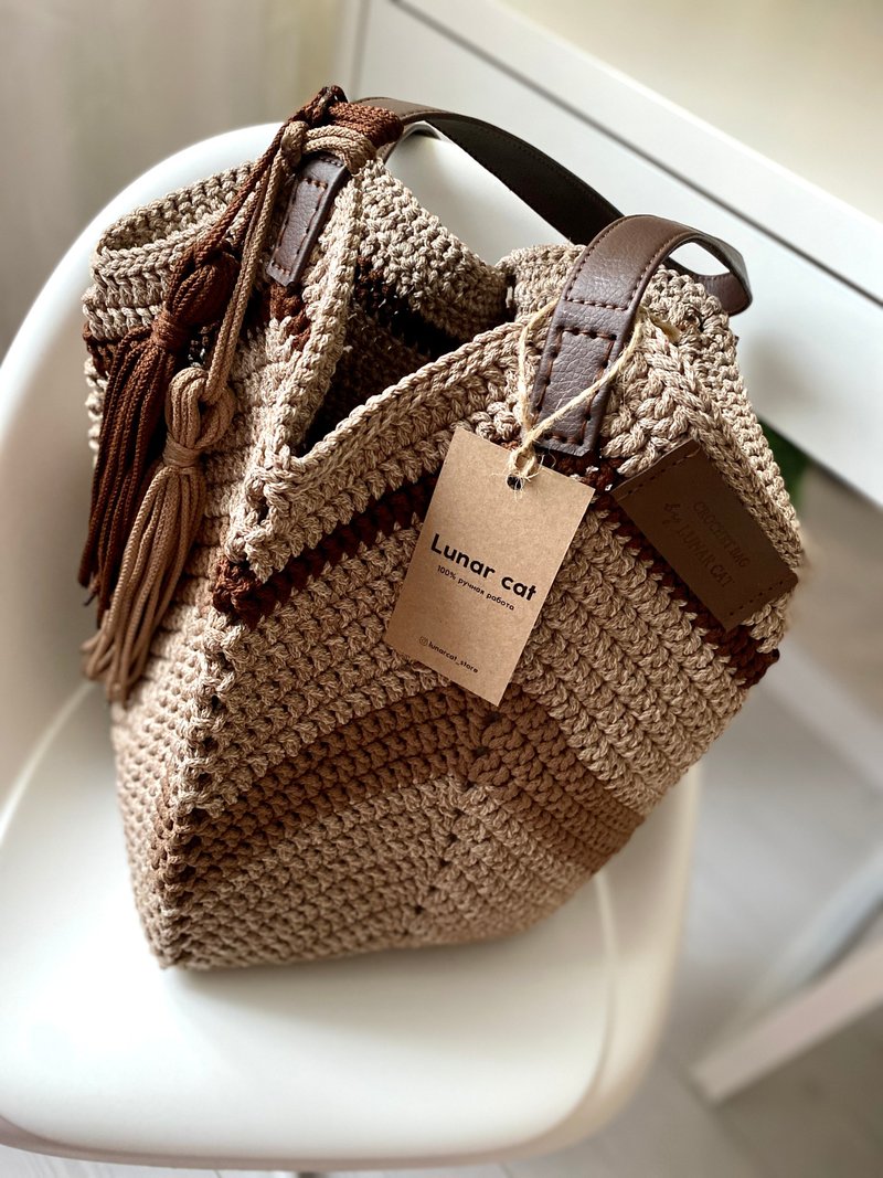 Crochet Granny Square Bag With Leather Straps, Reusable Grocery Bag, Beach Bag - 手提包/手提袋 - 聚酯纤维 多色