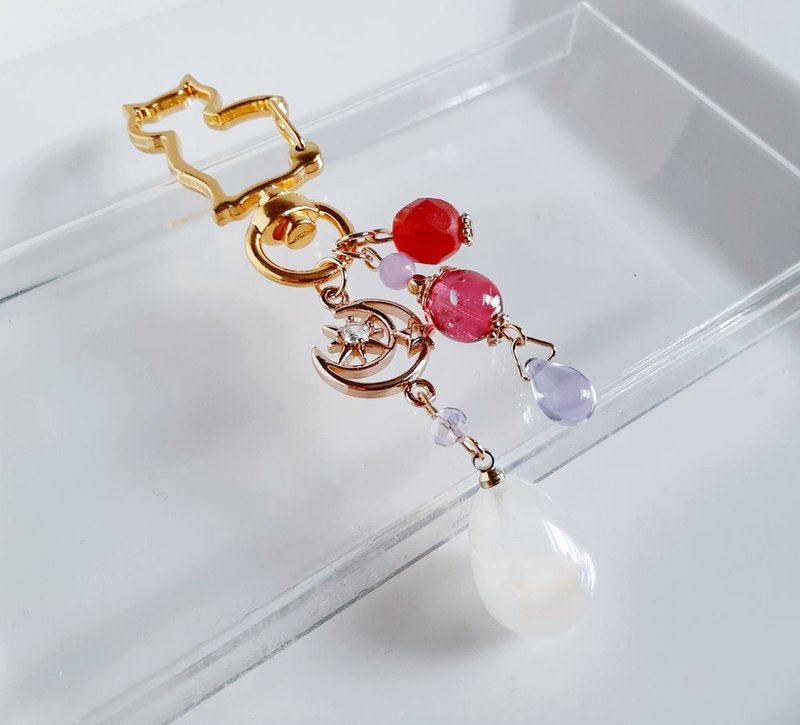 大型时尚钥匙扣，带有奇妙的珍珠饰品和太空图案。迷人的粉红紫生日礼物，吊坠，猫，女朋友 - 钥匙链/钥匙包 - 玻璃 粉红色