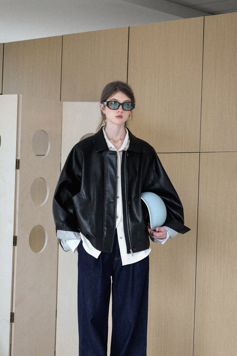 北欧复古 环保皮飞行夹克 皮衣外套 - 女装上衣 - 其他材质 黑色