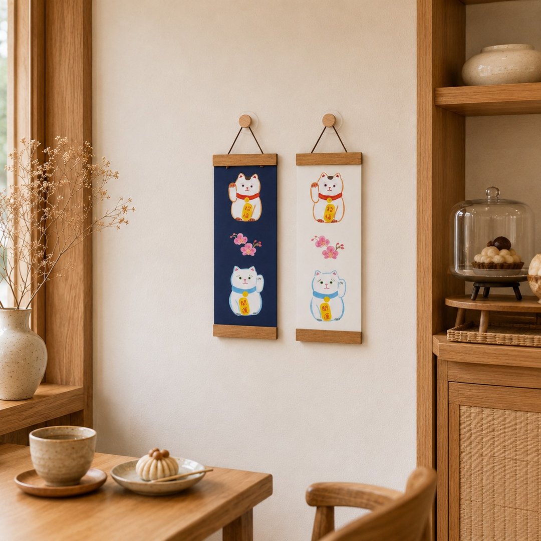 招财猫 招财纳福  原创插画挂饰 墙面小挂画 小尺寸家居挂件 - 海报/装饰画/版画 - 纸 白色