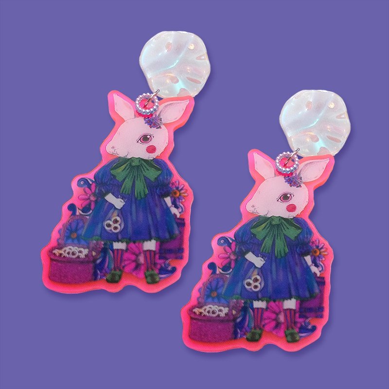 紫色插画兔子图案亚克力耳环 - 耳环/耳夹 - 塑料 紫色