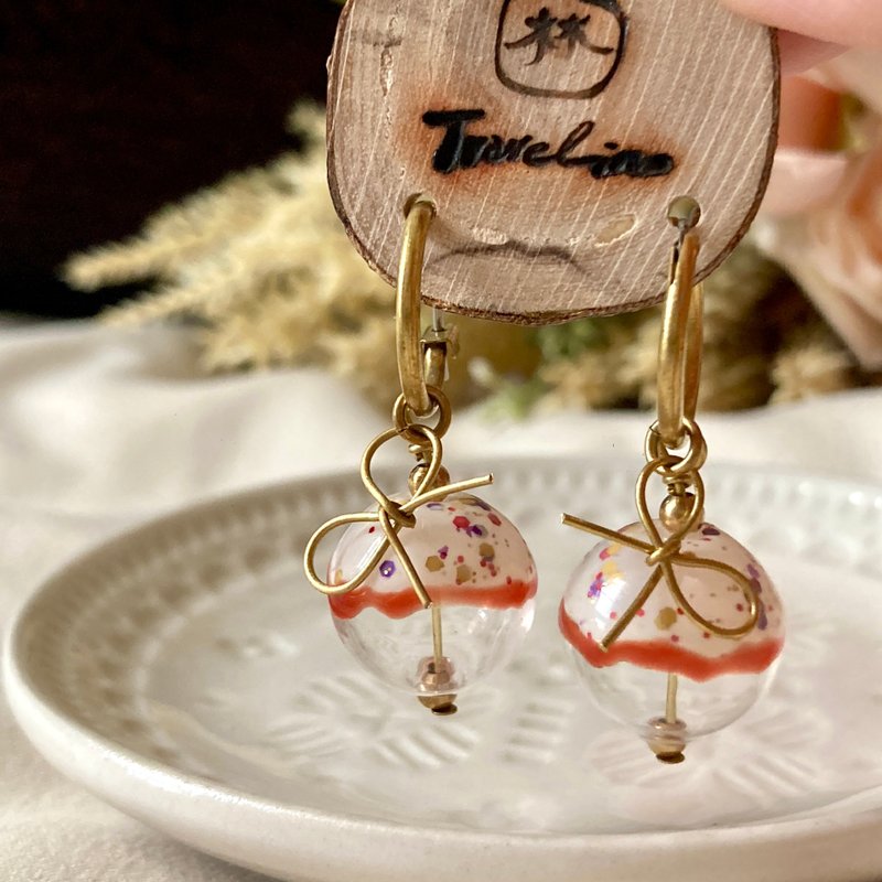 老林杂货 | 粉红泡泡礼物耳环 (针式 / 夹式) - 耳环/耳夹 - 玻璃 粉红色