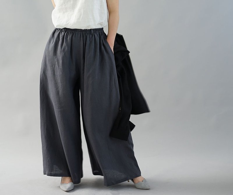 wafu  linen wide pants / gaucho / elastic waist / dark gray b002g-smi1 - 女装长裤 - 羊毛 灰色