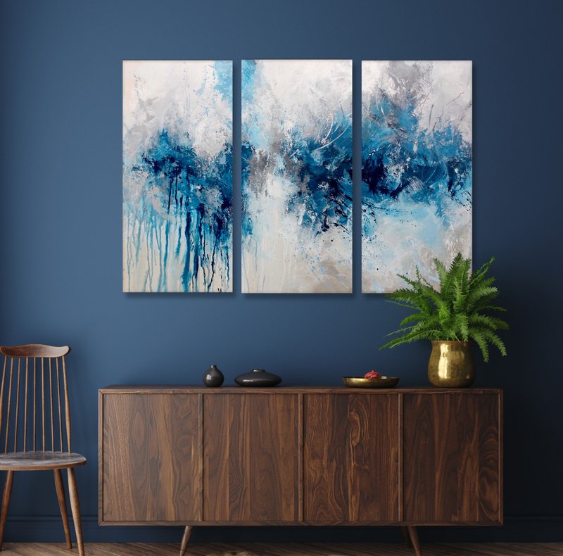 蓝色三联画墙艺术 | 蓝色墙艺术 | 蓝色三联画 | 傍晚雨三联画 - 墙贴/壁贴 - 棉．麻 蓝色