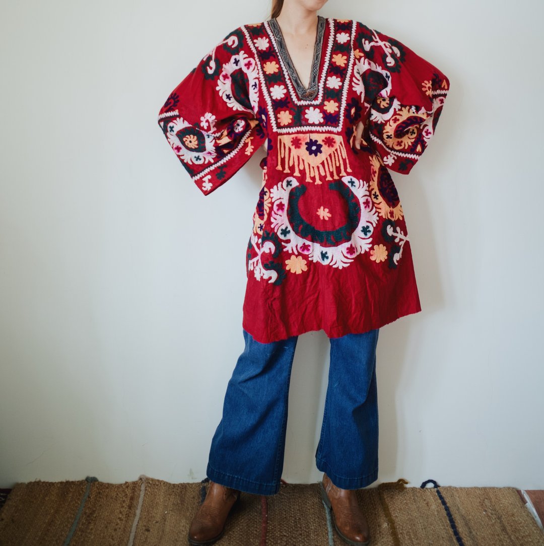 梦幻逸品 vintage Uzbek dress 乌兹别克斯坦斯坦刺绣长版上衣或当洋装 - 洋装/连衣裙 - 棉 
