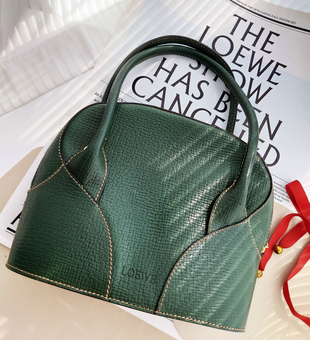 中古包 Loewe 树皮纹 手拎手挽袋单肩包单肩包侧背包斜背包斜挎包 - 侧背包/斜挎包 - 真皮 绿色