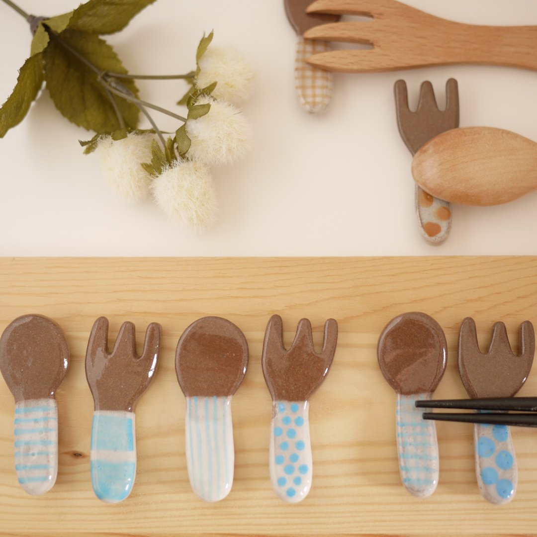 Chopstick rest of spoon and fork 【light blue】 - 筷子/筷架 - 陶 蓝色