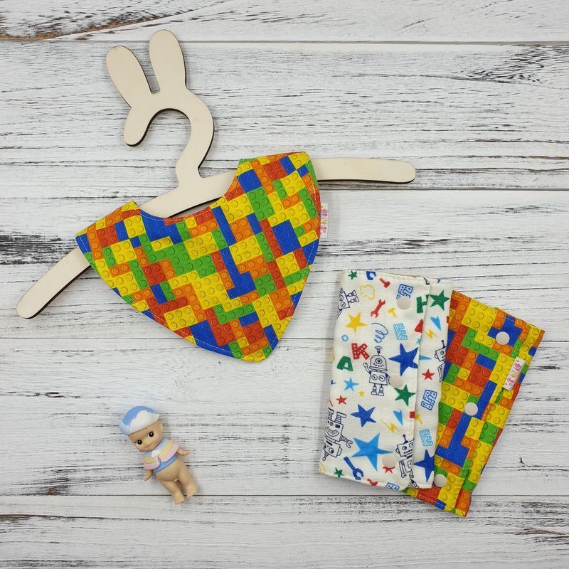 H01-手感吸水围兜 背巾口水巾 八层纱 双面图案 积木&机器人 收涎 - 围嘴/口水巾 - 棉．麻 