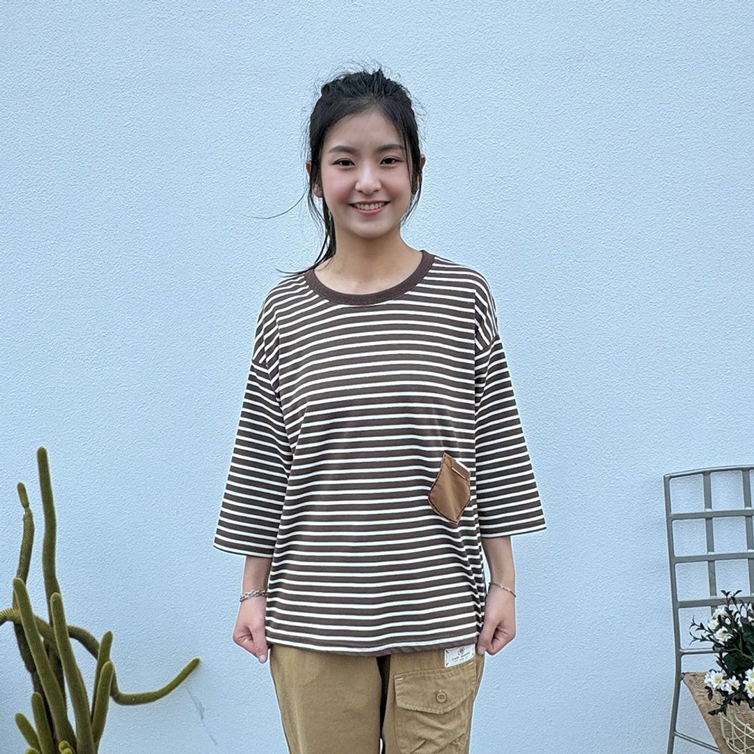 Hana Mokuba 圆领条纹七分袖上衣 - 女装上衣 - 其他材质 