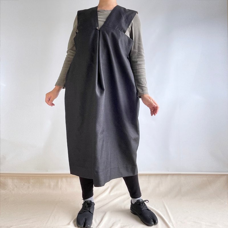 【独一无二】吊带连身裙 - 丝毛混纺和服布料 藏青色带细致图案 & 毛斯 棕色 - 洋装/连衣裙 - 羊毛 蓝色