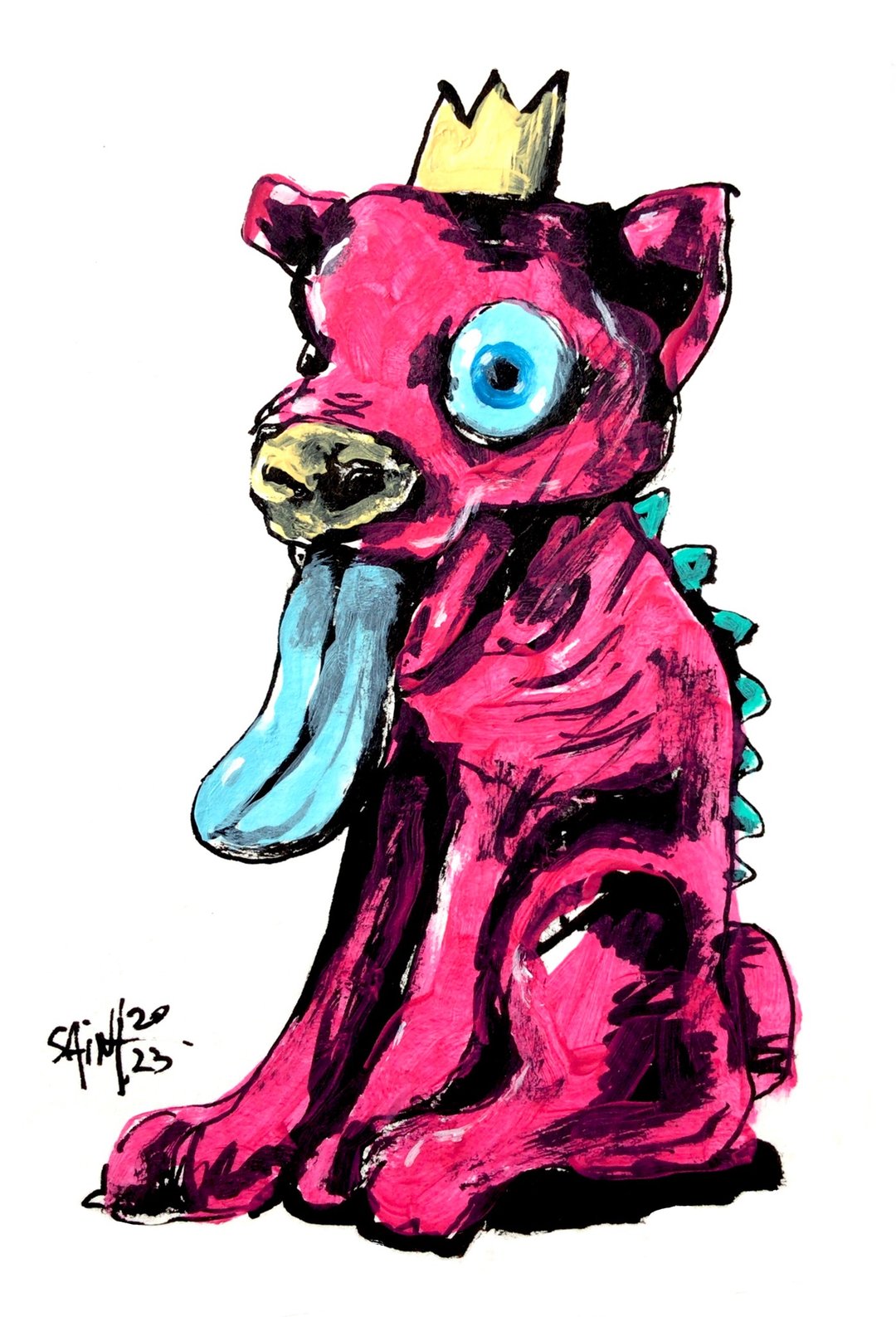 Horror dog zombie small painting original art, Mutant. Acrylic, paper - 海报/装饰画/版画 - 纸 多色