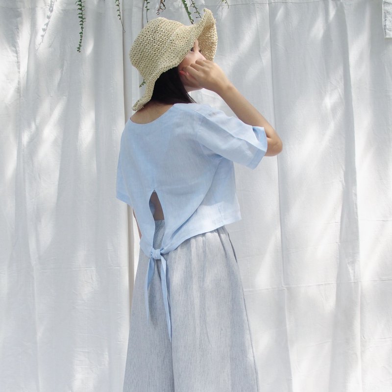 RIBBON CROP TOP - Baby blue - 女装上衣 - 棉．麻 蓝色
