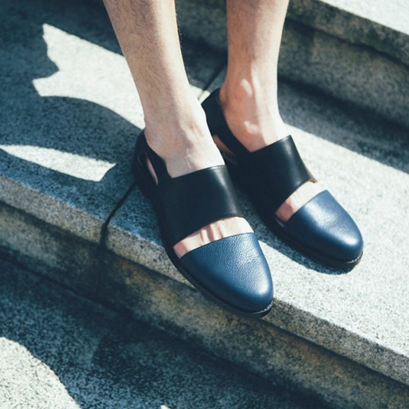 【 展示品出清 】横带绷带篓空结构 极简拼色真皮鞋  黑蓝 男款 - 男款休闲鞋 - 真皮 蓝色