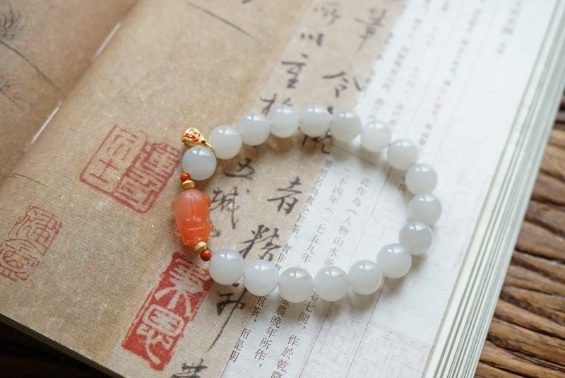 9mm天然和田玉 /和阗玉 烟紫玉 南红貔貅设计单圈手串s - 手链/手环 - 宝石 紫色