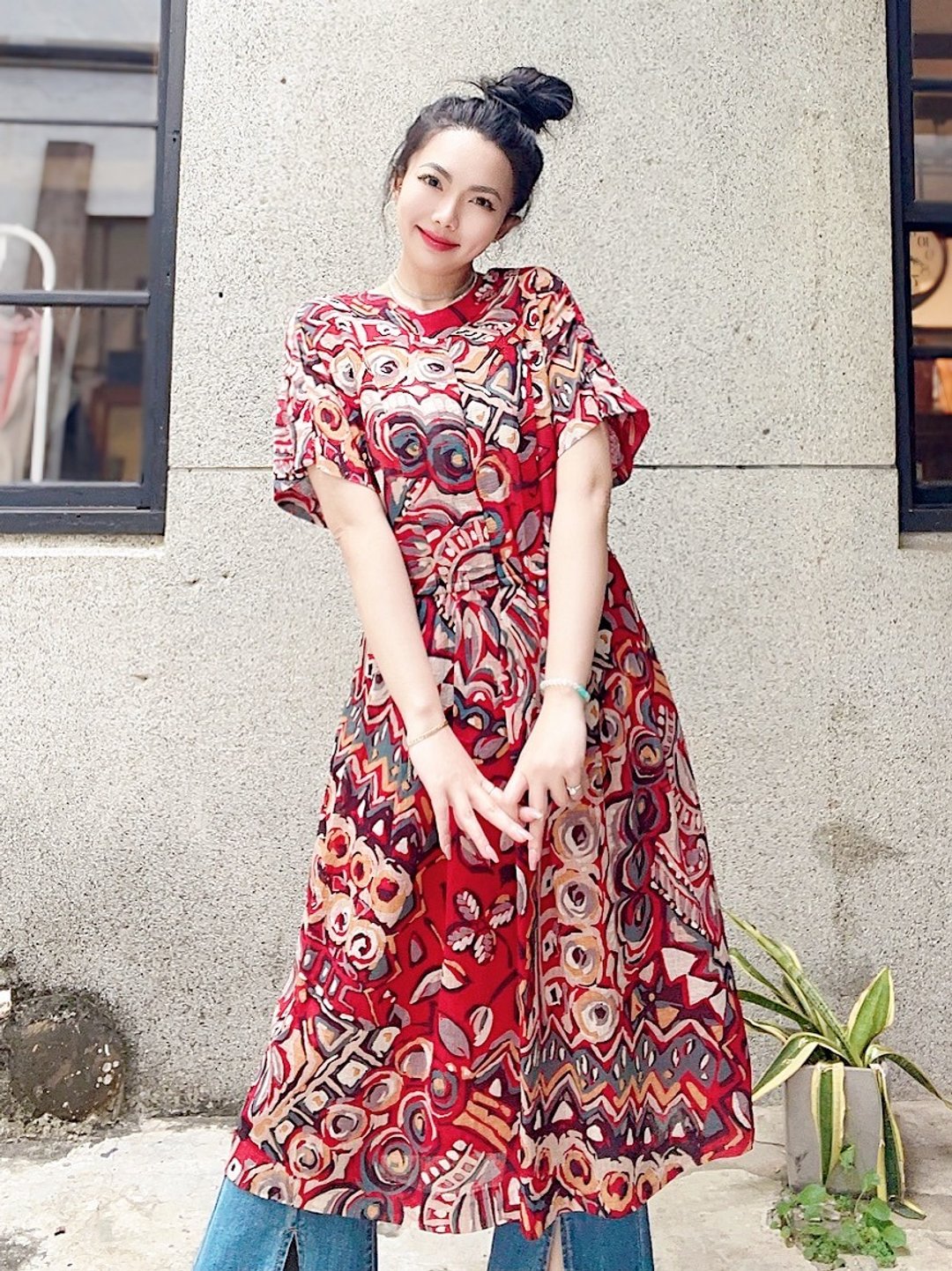 正红青春露早晨花浪漫花园 长裙洋装连身裙古着ドレスDress - 洋装/连衣裙 - 聚酯纤维 多色