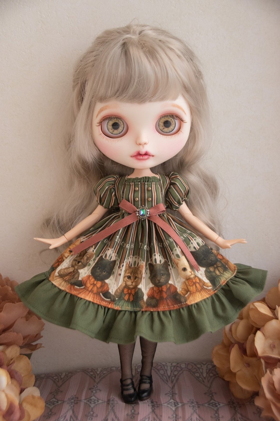 Blythe 服装 洋装 连身裙 古董猫连身裙 绿色条纹 - 其他 - 棉 绿色