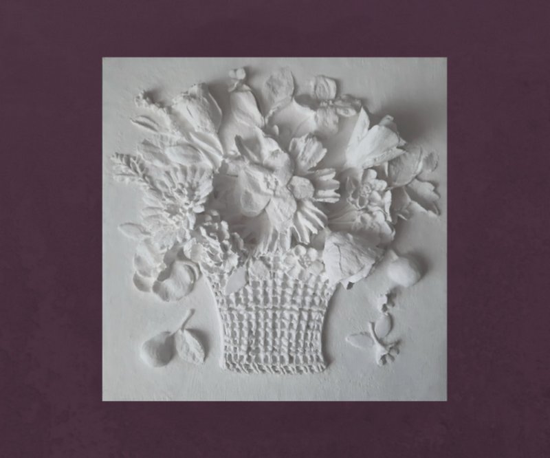 白花墙艺术 3d 雕塑巴洛克式墙艺术 花篮 花墙板 石膏墙艺术 浮雕 - 墙贴/壁贴 - 其他材质 白色