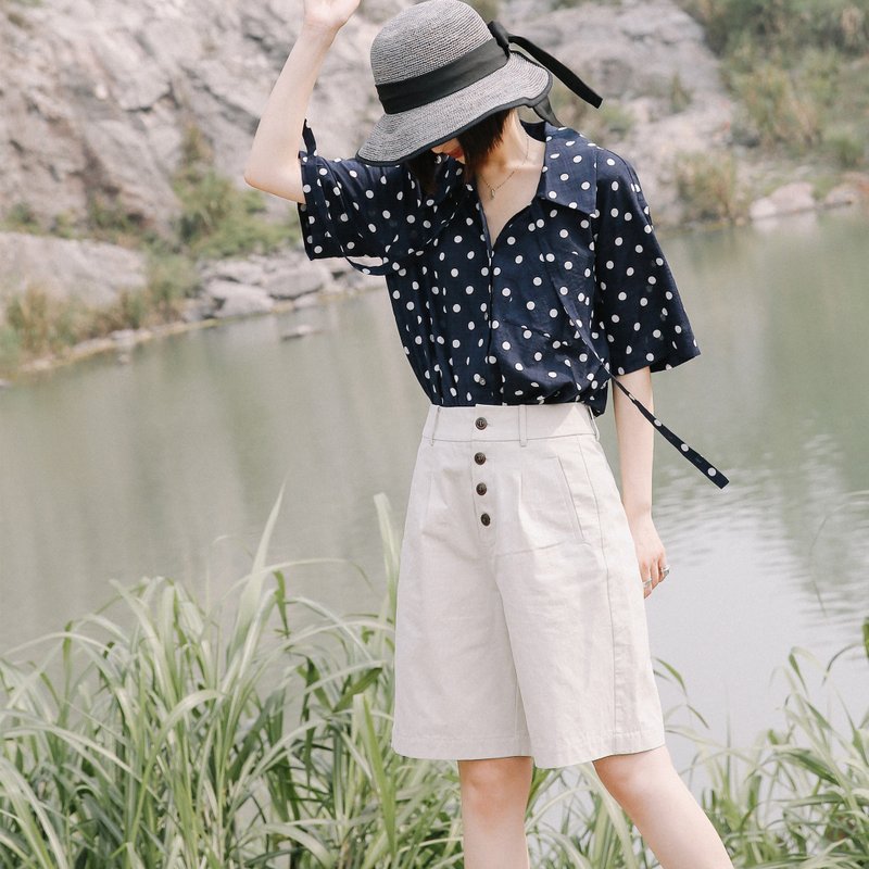 日系高腰五分短裤|短裤|夏款|棉|Sora-287 - 女装长裤 - 棉．麻 