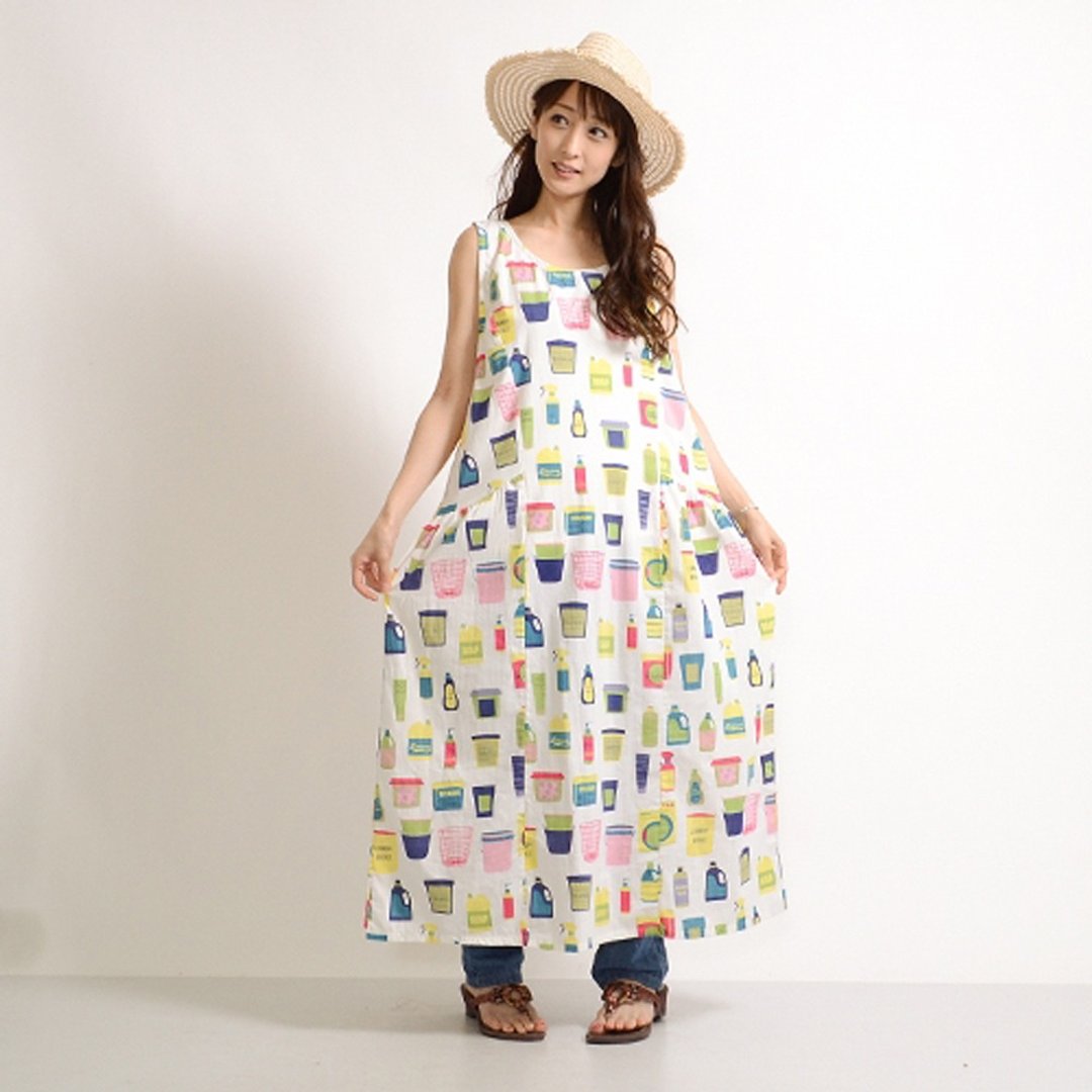 Colorful WashRoom print sleeveless side switch one piece - 洋装/连衣裙 - 棉 白色