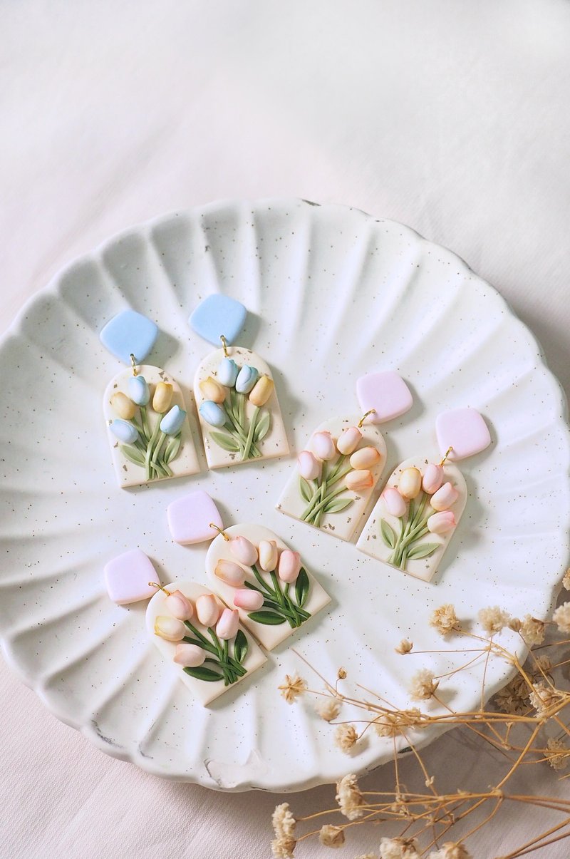 郁金香软陶耳环 - 耳环/耳夹 - 其他材质 