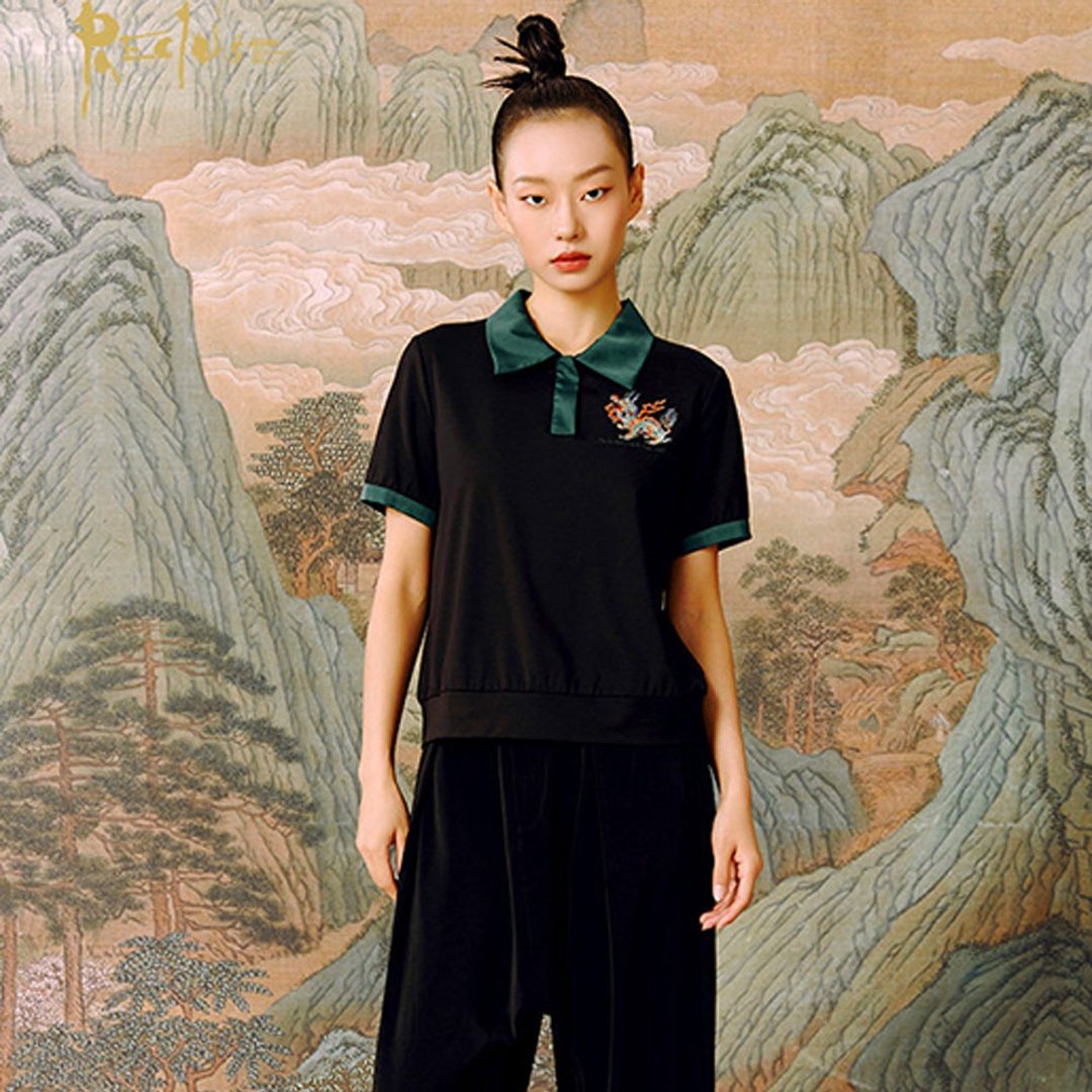 復古中國風POLO領T恤 / 寬鬆短袖夏季款 / 新中式氣質上衣 - 女装上衣 - 其他材质 黑色