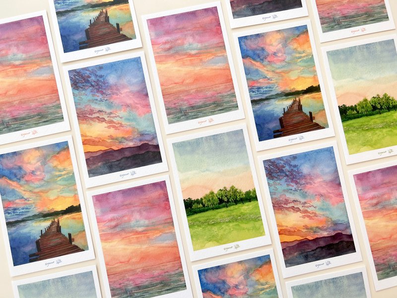 明信片-天空、夏日日落/水彩插画、室内装饰道具 - 卡片/明信片 - 纸 多色