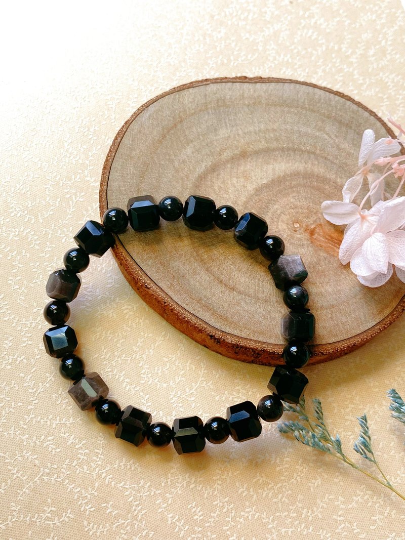 八方来财钻切 银曜石黑曜石 || 辟邪 防小人 排除负能量 水晶手链 - 手链/手环 - 水晶 黑色