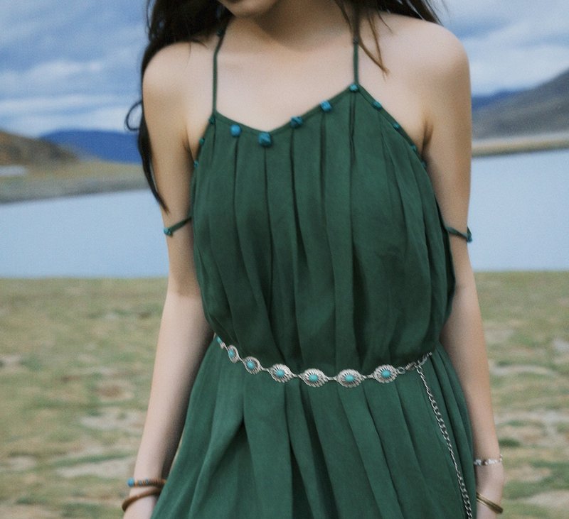 【波密的呼吸】艺术化藏风/藏族元素/田园百褶裙 - 洋装/连衣裙 - 棉．麻 绿色