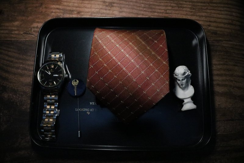 枣红色金线领带文青桑蚕丝提花领带necktie - 领带/领带夹 - 丝．绢 多色