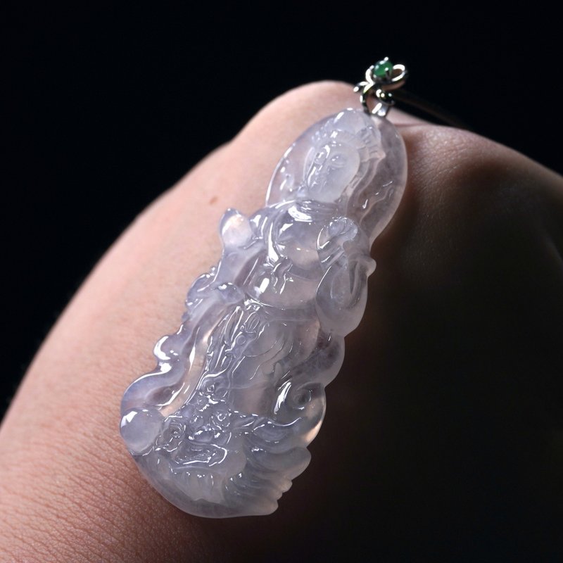 放光玻璃种翡翠乘龙观音菩萨项链18K金 | 天然缅甸翡翠A货 | 送礼 - 项链 - 玉石 透明