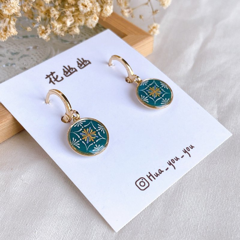 手绘花砖耳环 复古 耳圈款式 s925耳针 手工饰品 - 耳环/耳夹 - 树脂 绿色