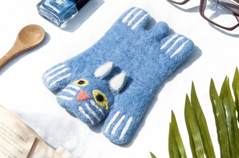 圣诞交换礼物 羊毛毡杯垫 萌动物吸水杯垫-动物园蓝色猫咪 毛孩子 - 杯垫 - 羊毛 蓝色