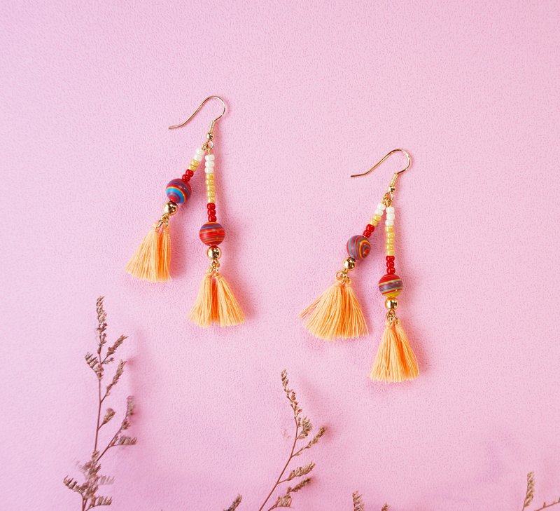 波希个性-彩色松石 流苏耳环 - 耳环/耳夹 - 绣线 橘色