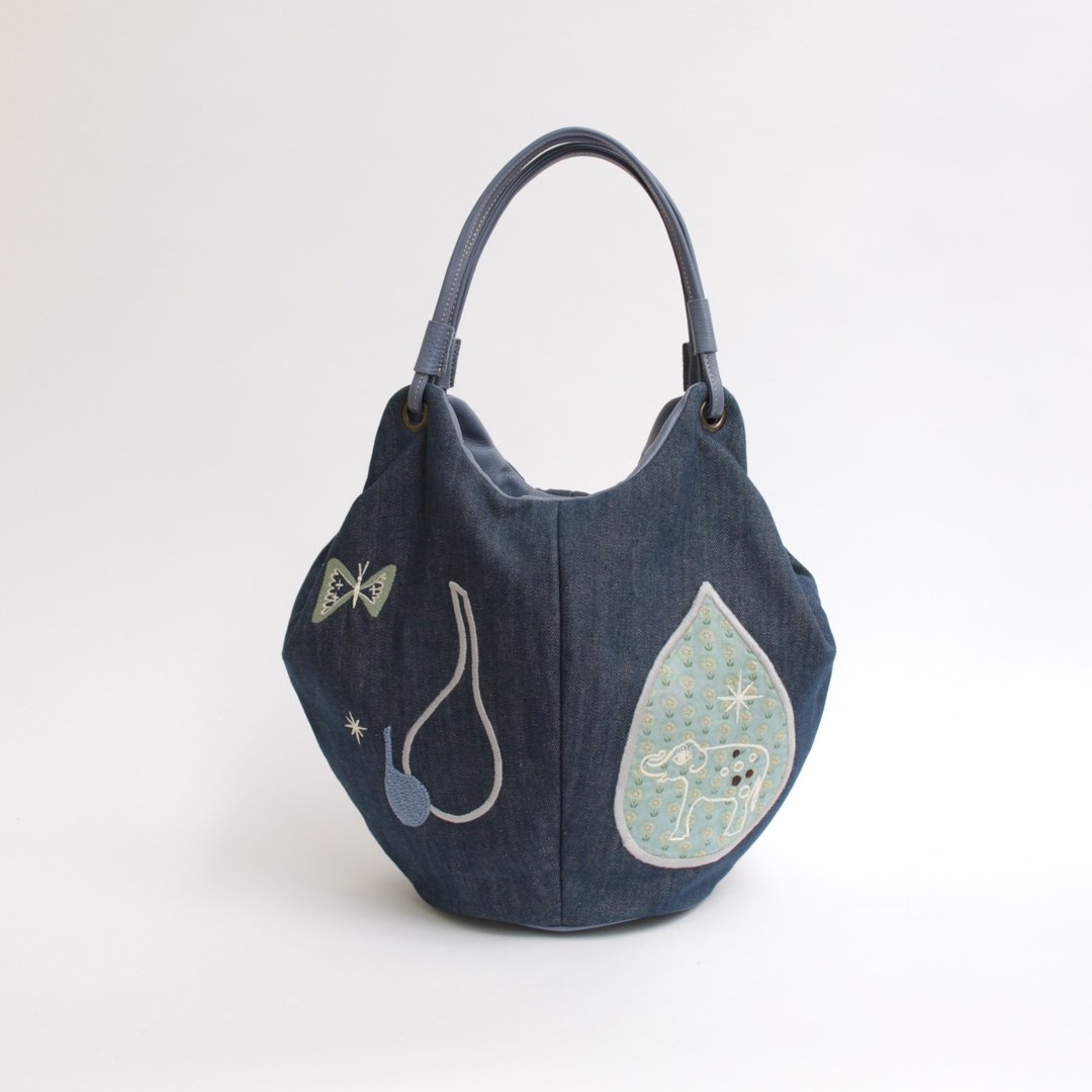 2 elephants embroidery / 4 side bag - 手提包/手提袋 - 棉 蓝色