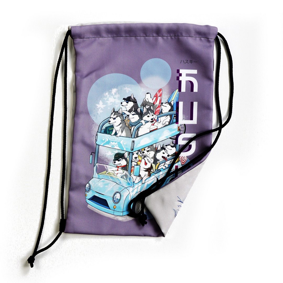 Husky family / Snow fox / Back-Front drawstring bag Canvas Reduce global warming - 束口袋双肩包 - 其他材质 白色