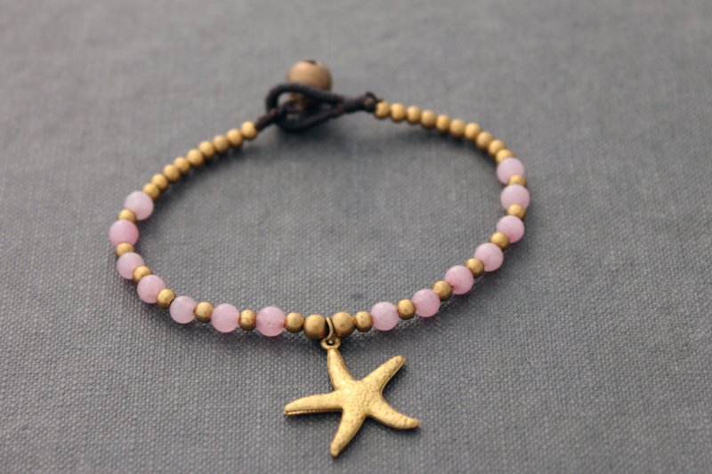海星魅力串珠手链黄铜石玫瑰石英串珠编织麻 - 手链/手环 - 半宝石 粉红色