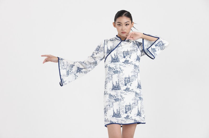 Yi-ming MADONNA真丝A-LINE 旗袍 - 白/海军蓝 - 女装休闲/机能外套 - 棉．麻 