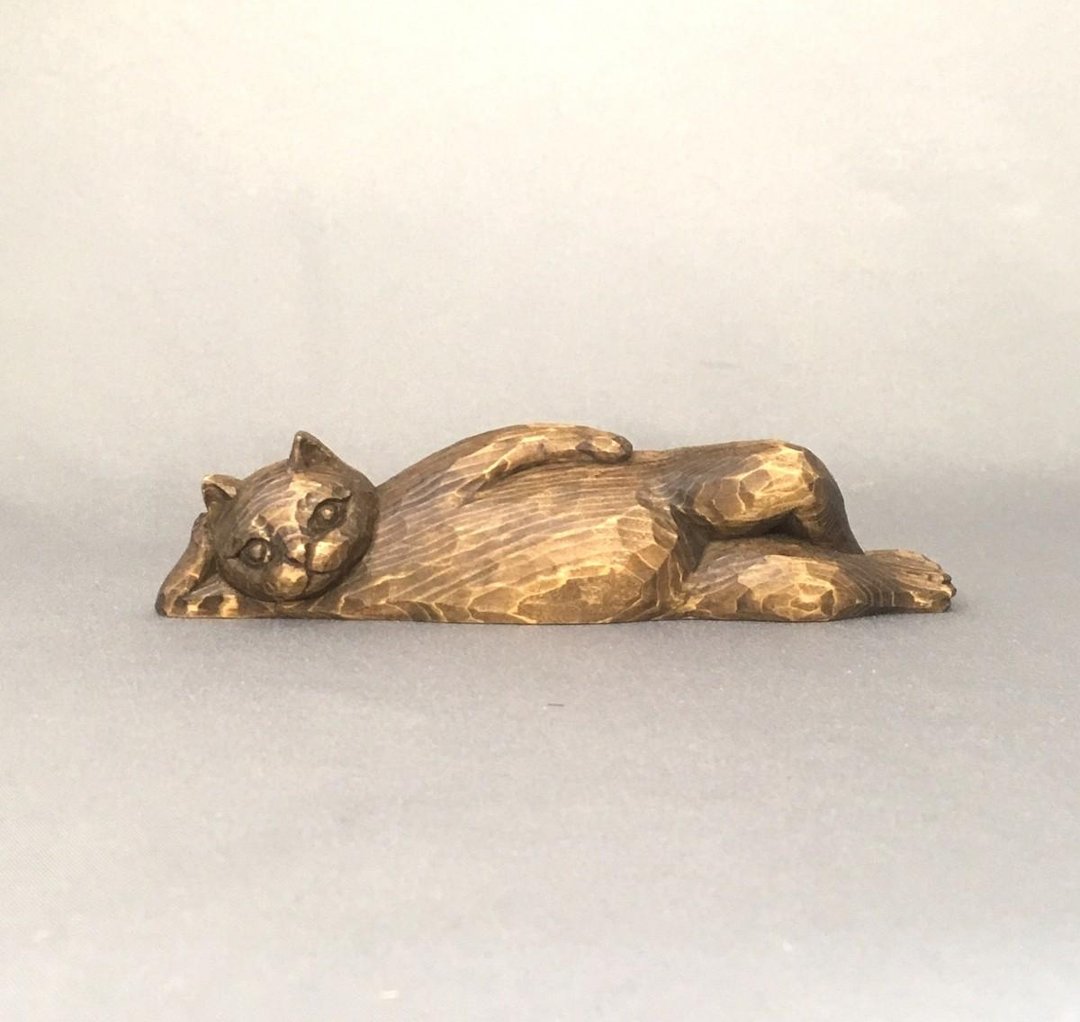 Wood Carving Nirvana Cat with Open Eyes Part 2 Figurine Object Doll - 其他 - 木头 咖啡色
