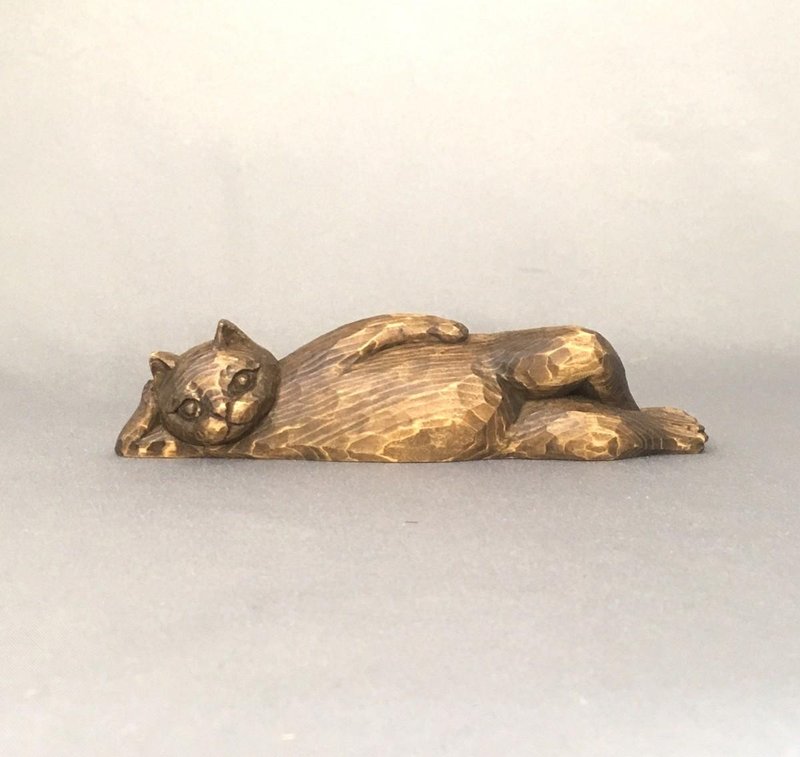 Wood Carving Nirvana Cat with Open Eyes Part 2 Figurine Object Doll - 其他 - 木头 咖啡色
