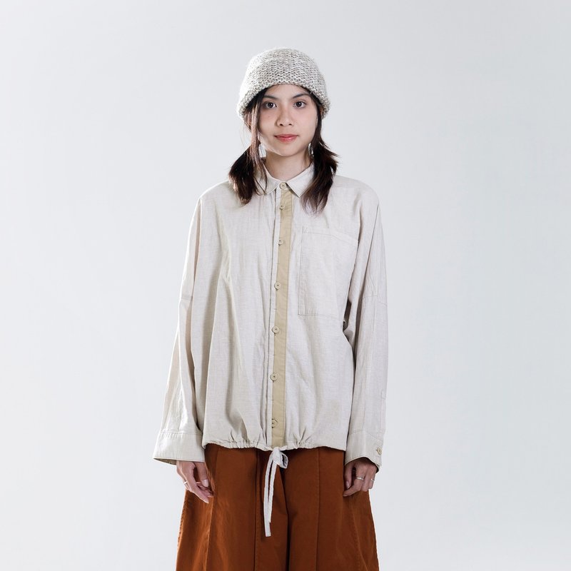 时光隧道配色拼接抽绳摆衬衫 - 女装衬衫 - 棉．麻 卡其色