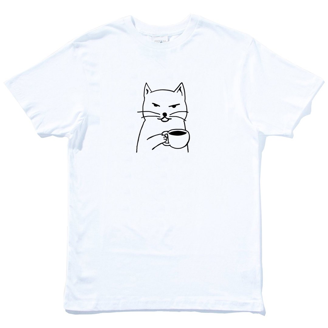 Cat Coffee 短袖T恤 白色 猫咪咖啡狗趣味猫之日礼物文青 - 男装上衣/T 恤 - 棉 白色