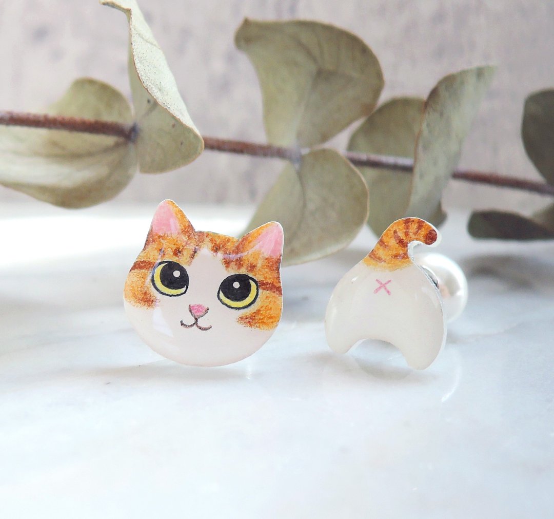 暖心小花猫手工耳环 虎斑猫 橘猫 抗敏耳针 无痛耳夹 - 耳环/耳夹 - 树脂 橘色