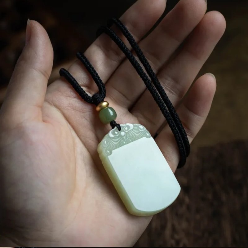 和田玉平安无事牌 - 项链 - 玉石 白色