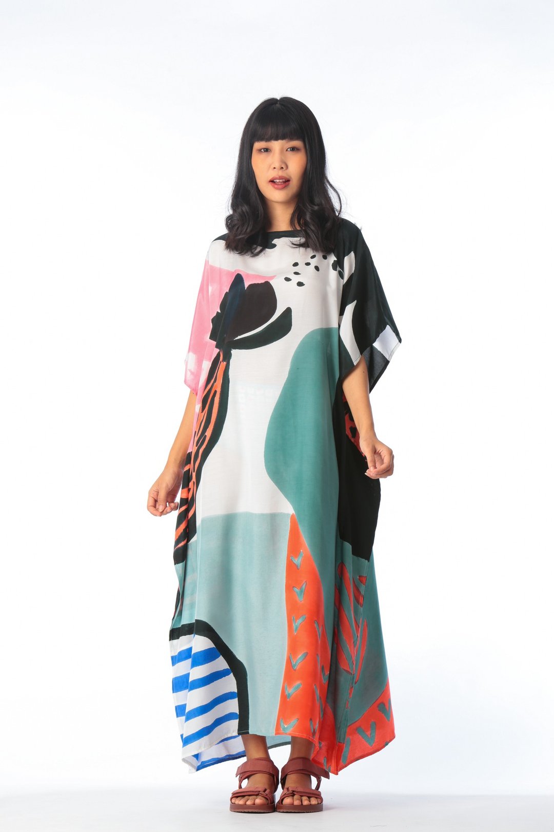 Hand Painted Cotton Silk Kaftan for Summer Resort Vacation F - 洋装/连衣裙 - 棉 粉红色