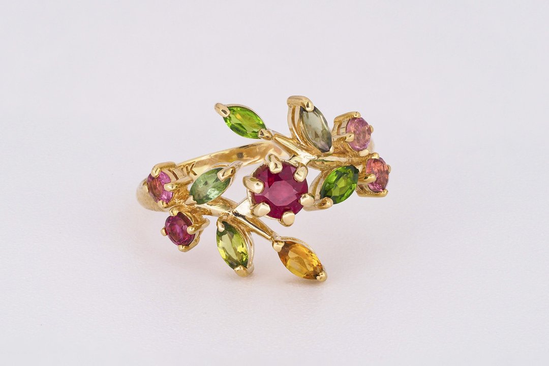 14 k gold ring with ruby, tourmalines and sapphires - 戒指 - 贵金属 金色